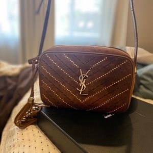 Lou Medium YSL Camera Bag with inside Pocket and Tassel in Beaded Suede